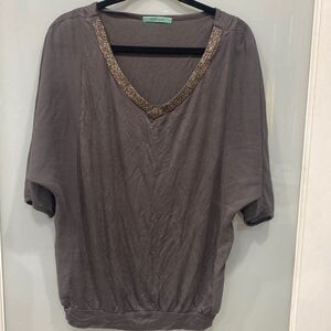 Pleione Women's Grey Charcoal V-Neck Sheer Sleeve Tunic Blouse Top Shirt Sz M